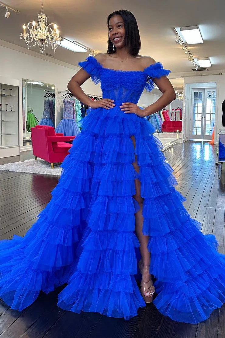 Adalynn | Royal Blue Off-the-Shoulder Ruffle Tiered Tulle Long Prom Dress with Slit