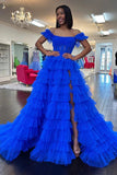 Adalynn | Royal Blue Off-the-Shoulder Ruffle Tiered Tulle Long Prom Dress with Slit