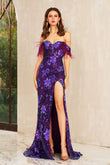 Selene | Elegant Purple Mermaid Satin Strapless Prom Dress with Sequins, Appliques, and Slit JB120610