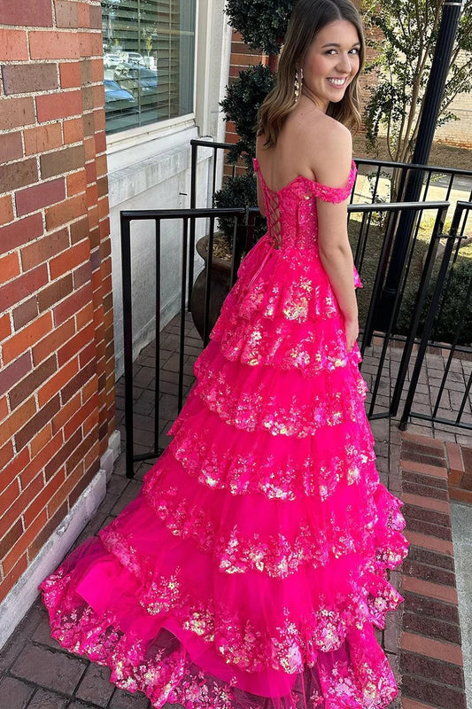 Aurora | Elegant Pink A-Line Off-the-Shoulder Sequins Prom Dress with Pleated Skirt JB120318