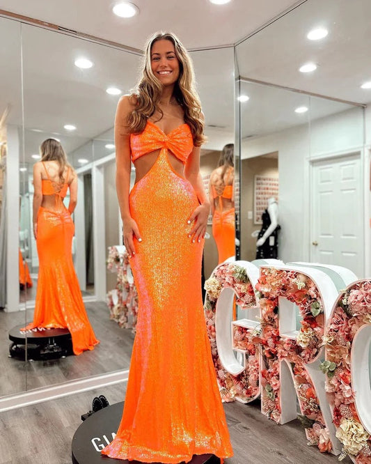 Vibrant Mermaid V-Neck Orange Sequin Long Prom Dress