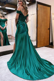 Elegant Mermaid Off-the-Shoulder Dark Green Satin Long Prom Dress with Lace