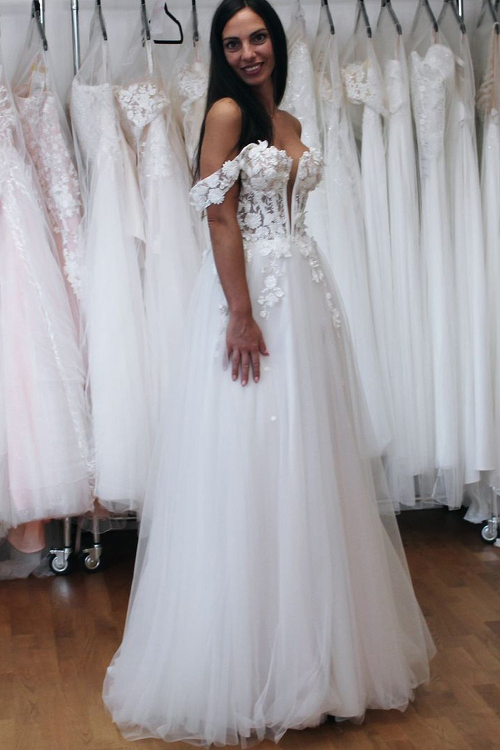 Elysia | Fairy A-Line Off-the-Shoulder Tulle Long Wedding Dress with Appliques
