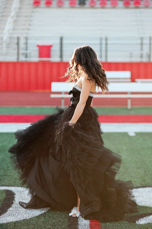 Onyx | Cute A-Line Sweetheart Black Tulle Long Prom Dress with Slit