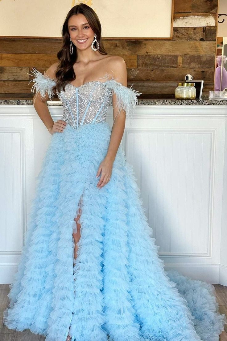 Astrid | A-Line Off-the-Shoulder Tiered Tulle Prom Dress with Slit