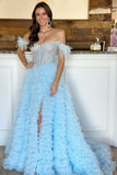 Astrid | A-Line Off-the-Shoulder Tiered Tulle Prom Dress with Slit