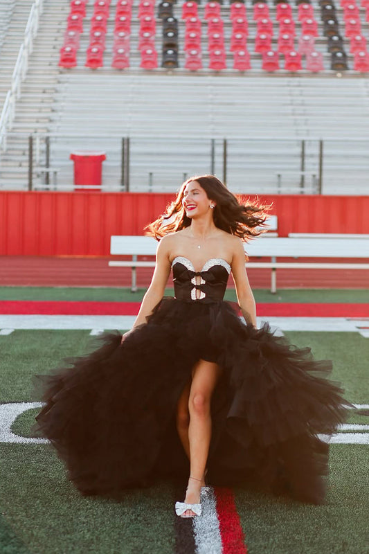 Onyx | Cute A-Line Sweetheart Black Tulle Long Prom Dress with Slit