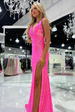 Charming Mermaid V-Neck Pink Sequins Long Prom Dress with Slit