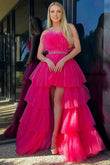 Marie | Fuchsia A-Line High-Low Strapless Ruffled Tulle Prom Dress with Feathers