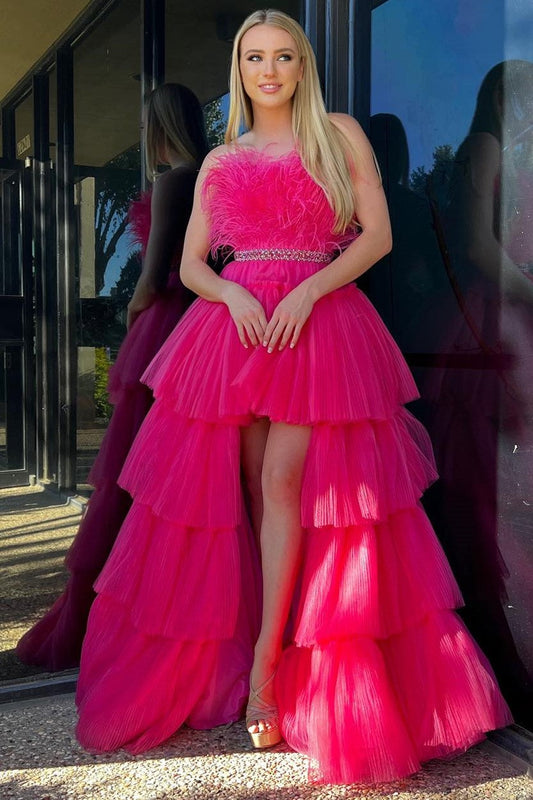 Marie | Fuchsia A-Line High-Low Strapless Ruffled Tulle Prom Dress with Feathers