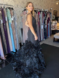 Glamorous Black One-Shoulder Tiered Sequin Mermaid Prom Dress