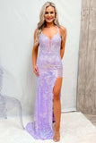 Kalani | Mermaid V-Neck Sequined Lace Prom Dress with Slit