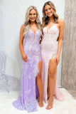 Kalani | Mermaid V-Neck Sequined Lace Prom Dress with Slit