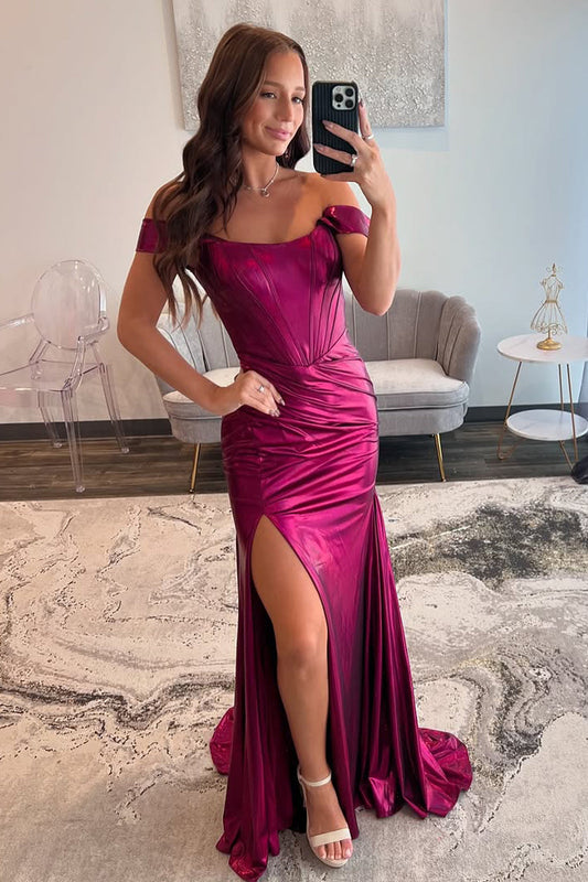 Viviana | Charming Mermaid Off-the-Shoulder Fuchsia Satin Long Prom Dress with Slit