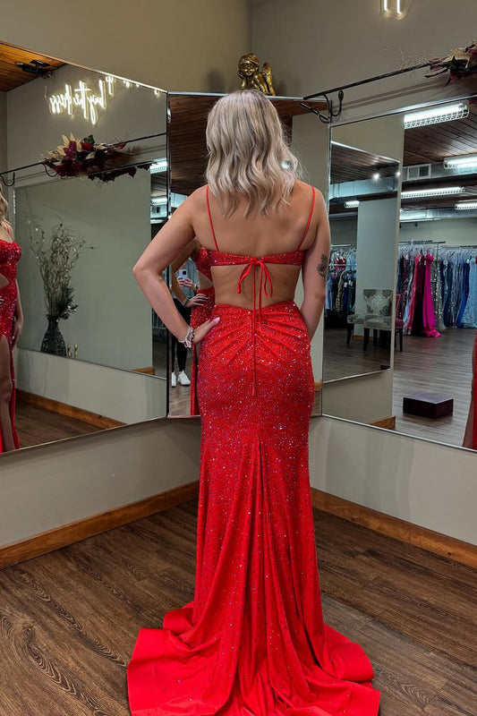 Ruby | Charming Mermaid Straps Red Satin Long Prom Dress with Hot Stone Beading