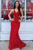 Melody | Backless Red V-Neck Mermaid Long Prom Dress with Sequins