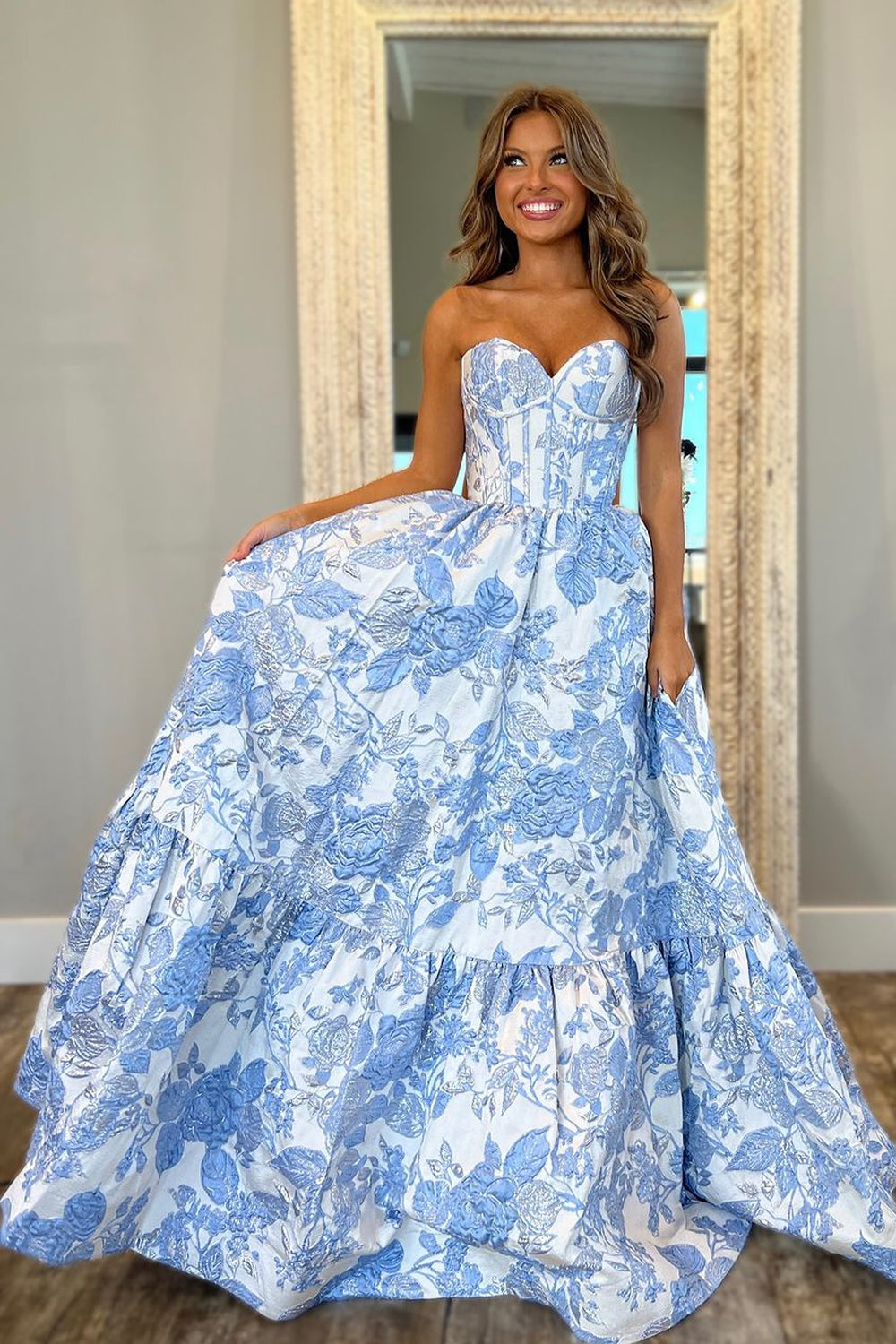 Elegance | Cute A-Line Sweetheart Light Blue Jacquard Satin Prom Dress