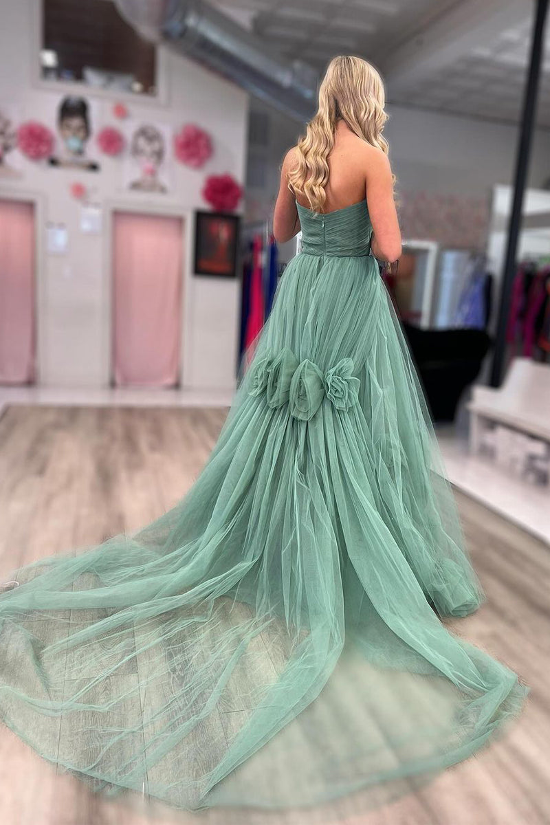 Elegant Green Strapless A-Line Tulle Long Prom Dresses