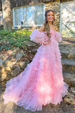 Isabella | Fairy A-Line V-Neck Pink Tulle Long Prom Dress with Appliques