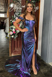 Glamorous Shine | Charming Mermaid Off-the-Shoulder Metallic Satin Prom Dress with Slit