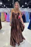 Isabella | Charming A-Line Sweetheart Brown Sparkly Satin Long Prom Dress with Slit