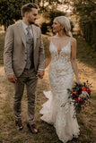 Charming Mermaid V-Neck Tulle Wedding Dress with Appliques