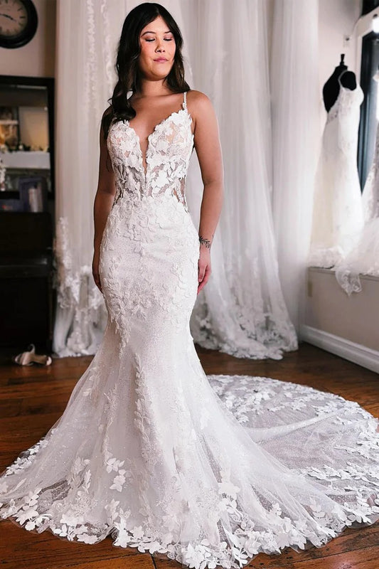 Sweetheart neck and Spagherri Straps Mermaid Satin Wedding Dress with Lace JB110606