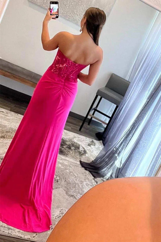 Amara | Romantic Hot Pink Mermaid Satin Sweetheart Neck Prom Dress with Slit JB120312