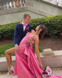 Esther | Pink Satin Mermaid V-Neck Long Prom Dress with Statement Bow