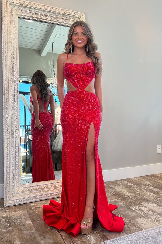 Ariana | Charming Mermaid Straps Red Satin Long Prom Dress with Beading