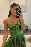 Cute A Line Green Metallic Satin Pleated Prom Dresses with Slit