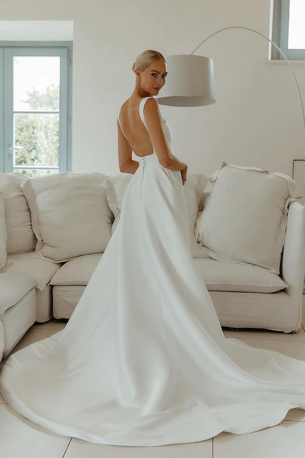 Isabella | Fashion A-Line Square Neck Satin Backless Long Wedding Dress