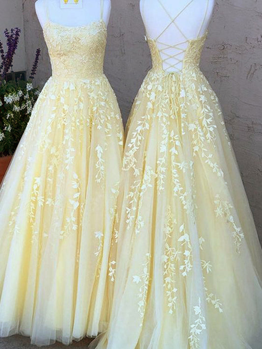 Viviana | Elegant Light Yellow A line Tulle Spaghetti Straps Boat Neck Prom Dress with Lace JB121109