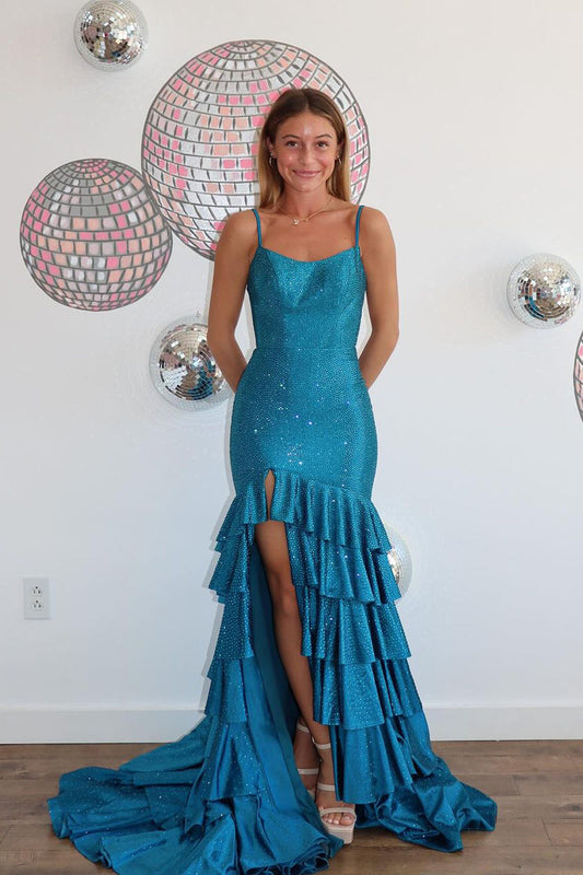 Charming Mermaid Scoop Neck Teal Satin Beading Prom Dresses