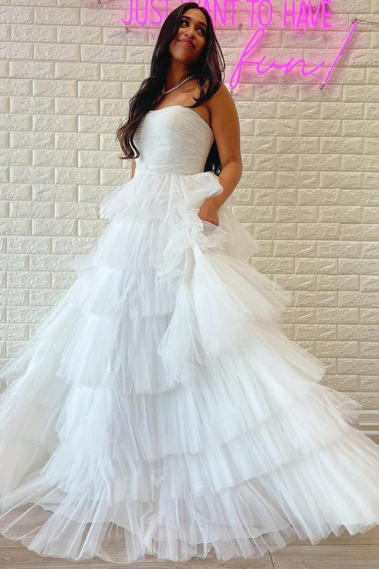 Daleyza |A-Line Strapless Tiered Tulle Prom Dress with Ruffles