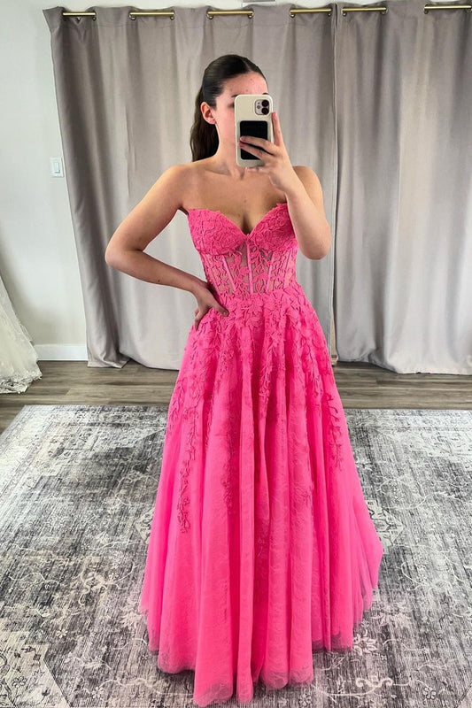 Elena | Cute A-Line Sweetheart Pink Tulle Long Prom Dress