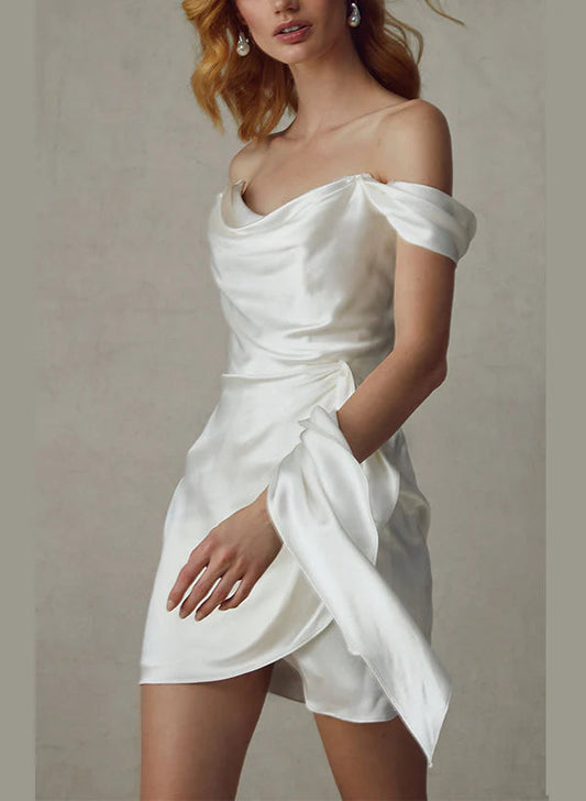 Elysia | Fairy Sheath Cowl Neck Silk Satin Short Wedding Dress