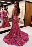 Charming Mermaid Fuchsia Sequins Lace Long Prom Dresses