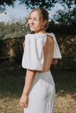 Fashion A Line V Neck Satin Wedding Dresses with Sleeves AB24102404