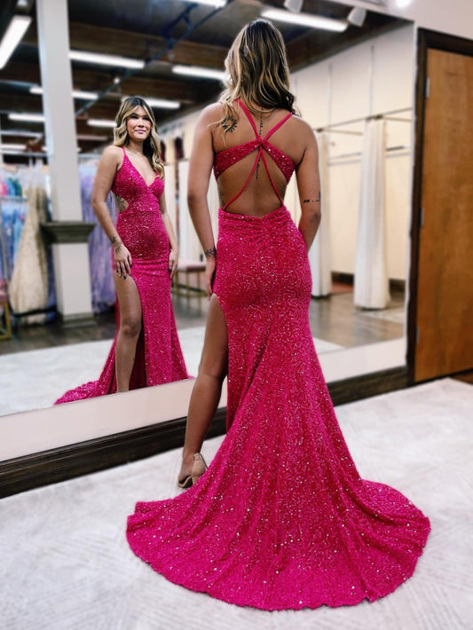 Glitter Red Mermaid V-Neck Prom Dress with Cut-Outs and Slit