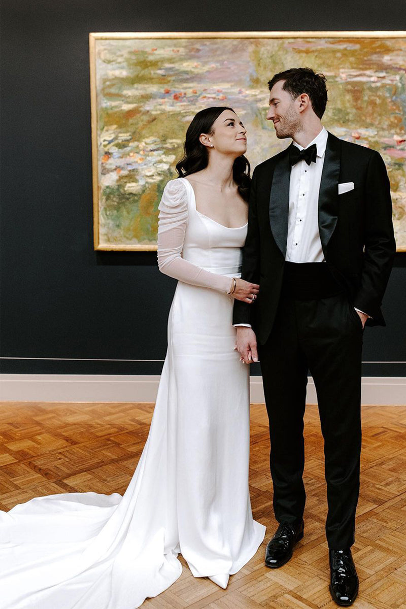 Mermaid White Satin Wedding Dress with Square Neckline and Long Sleeves