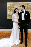 Mermaid White Satin Wedding Dress with Square Neckline and Long Sleeves
