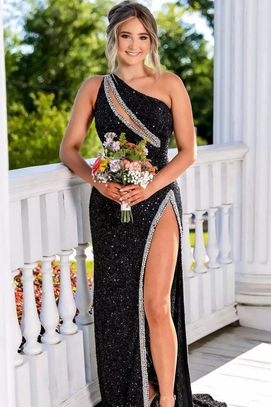 Delilah | Charming Sheath One-Shoulder Black Sequins Long Prom Dress with Beading