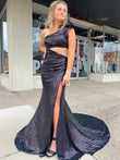 One Shoulder Sparkly Black Mermaid Prom Dress