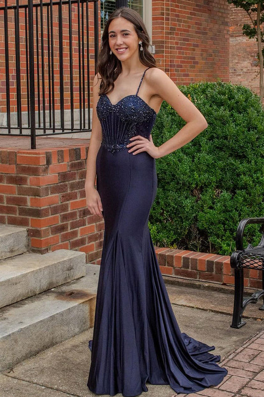 Charming Mermaid Sweetheart Navy Blue Satin Long Prom Dresses with Beading