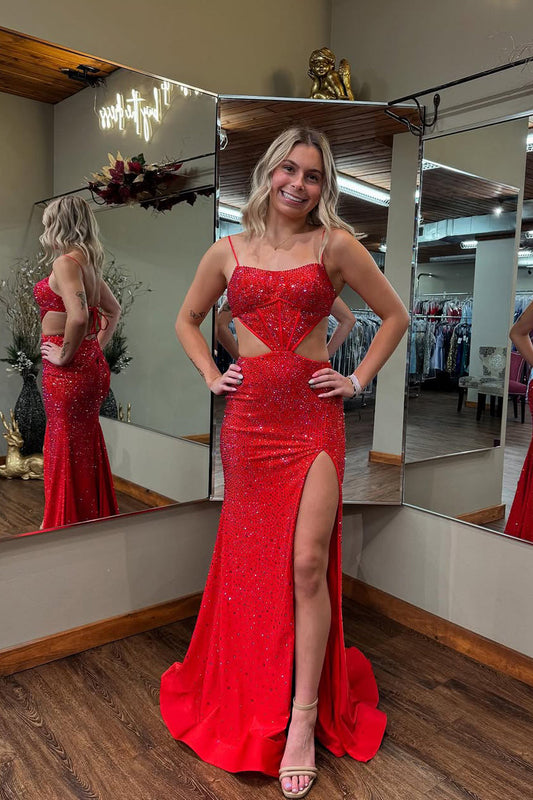 Ruby | Charming Mermaid Straps Red Satin Long Prom Dress with Hot Stone Beading