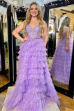 Marissa | Lavender Long Prom Dress with V-Neck, Ruffle Tiered Design, and Appliques