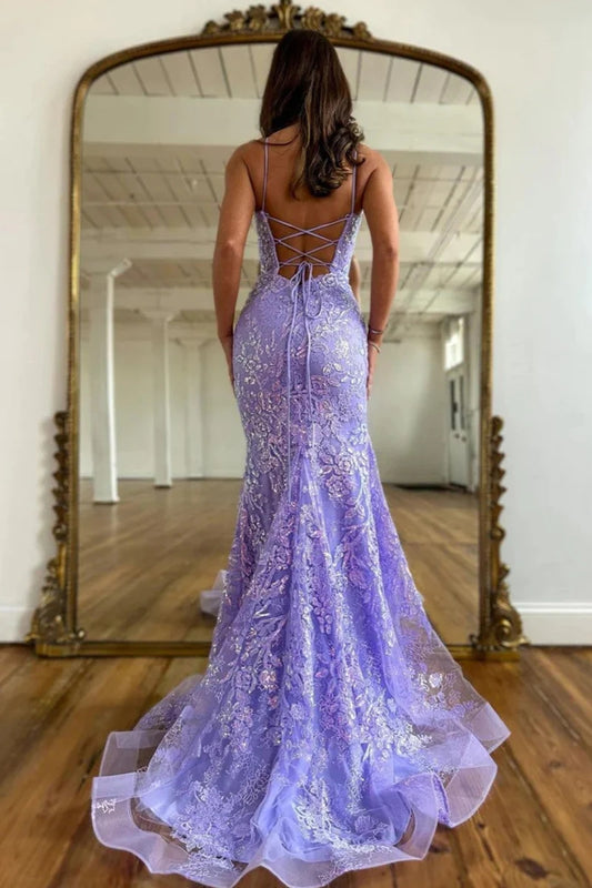 Celeste | Elegant Lavender Mermaid Tulle Strapless Square Neck Prom Dress with Lace JB120317