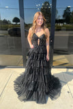 Sophisticated A-Line Black Tulle V-Neck Prom Dress with Sparkly Appliques