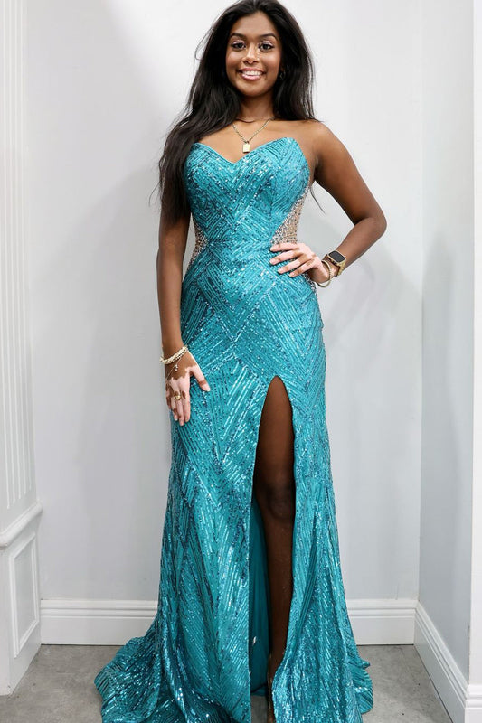 Fashion Mermaid Strapless Teal Sequins Long Prom Dresses with Beading AB24111807